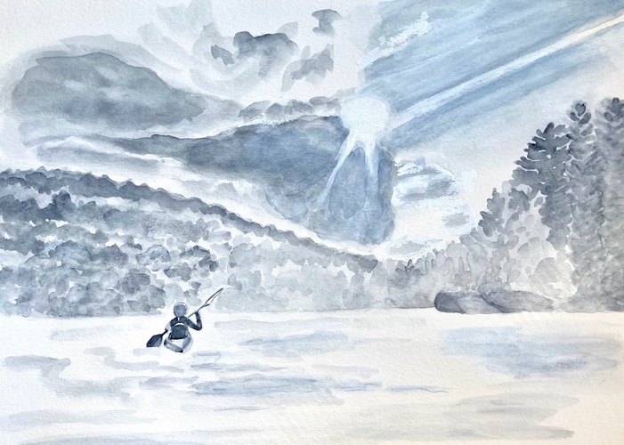 Watercolor painting of a woman kayaking in front of mountains