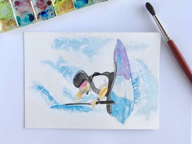 Watercolor painting of a man kayaking in the rapids