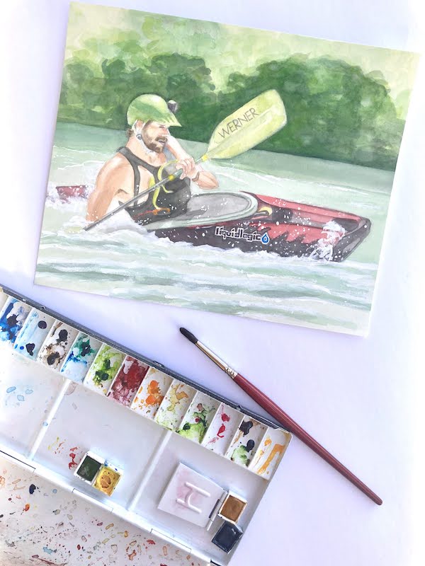 Watercolor painting of a man kayaking in the rapids