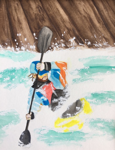 Watercolor painting of a man kayaking in the rapids