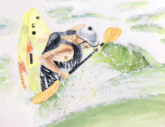 Watercolor painting of a man kayaking in the rapids