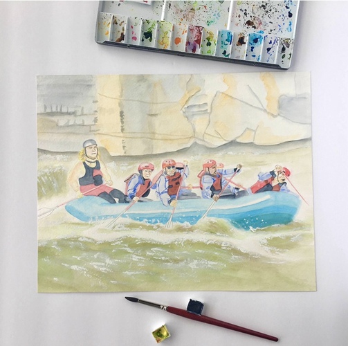 Watercolor painting of a group rafting in the rapids