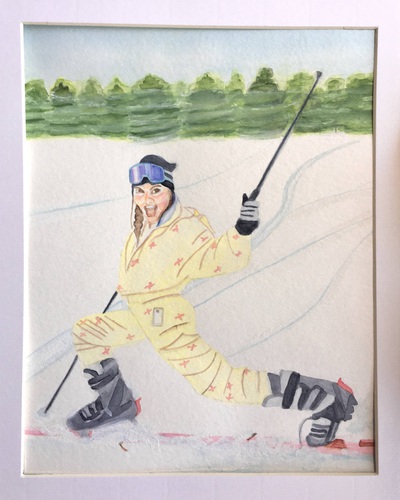 Watercolor painting of a girl smiling on her skis in the snow