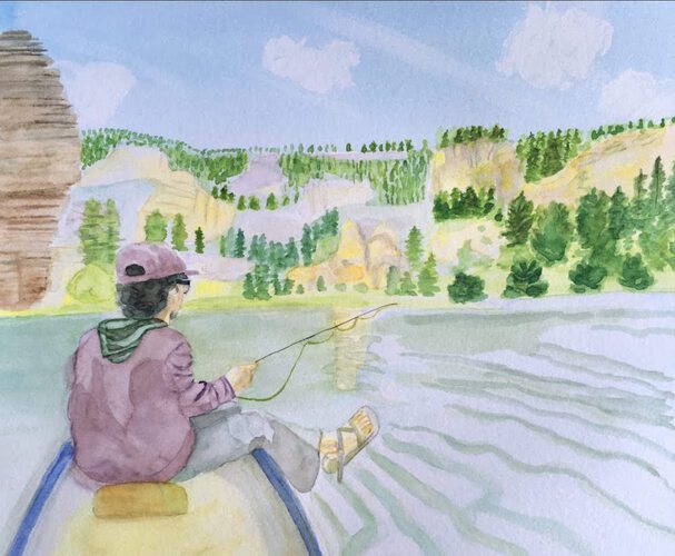 Watercolor painting of a man sitting in his boat, fishing on the lake