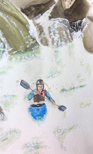 Watercolor painting of a man kayaking in the rapids