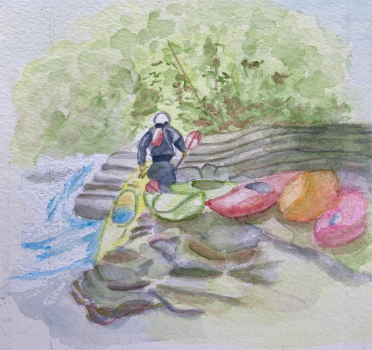 Watercolor painting of a man pulling his kayak out of the river