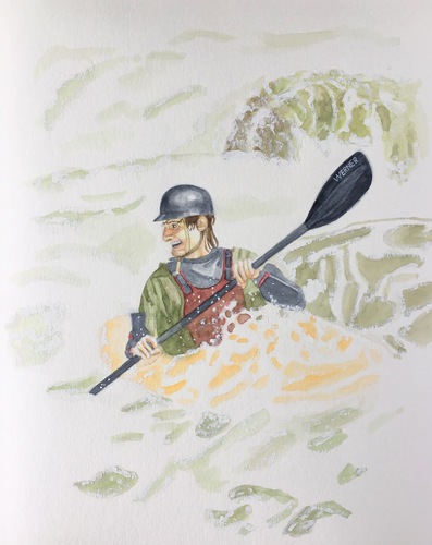 Watercolor painting of a man kayaking in the rapids