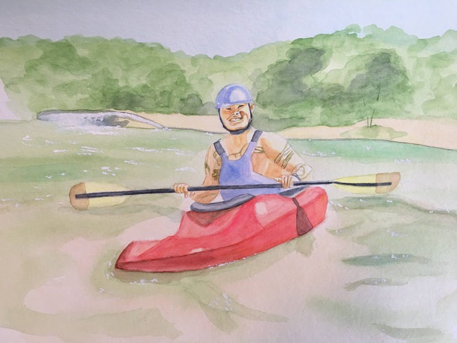 Watercolor painting of a man kayaking on the river