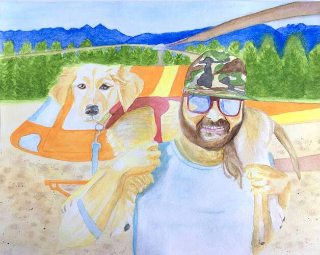 Watercolor painting of a man holding his dog in front of his helicopter