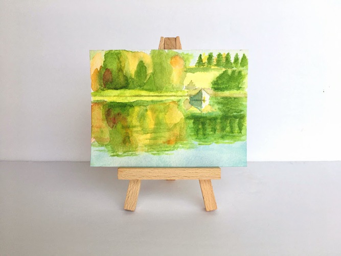 Watercolor painting of green landscape with a boat on the water