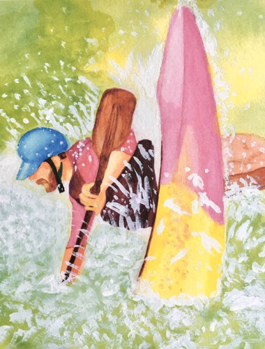 Watercolor painting of a man kayaking in the rapids