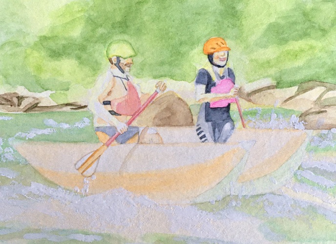 Watercolor painting of a couple kayaking in the rapids